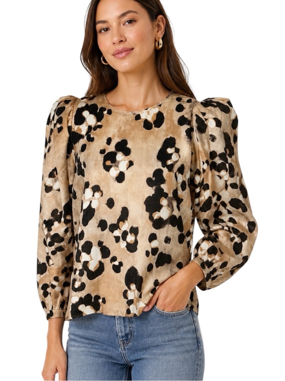 H&M Linen Blend Animal Print Puff Sleeve Top Beige Size S